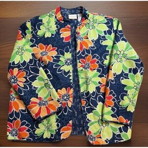 Alfred Dunner Quilted Jacket Navy Floral Open Lightweight  24W Plus Travel